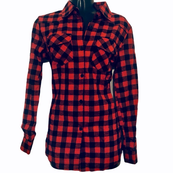 Genhoo Tops - Buffalo Check Flannel Button Down Shirt Red Black